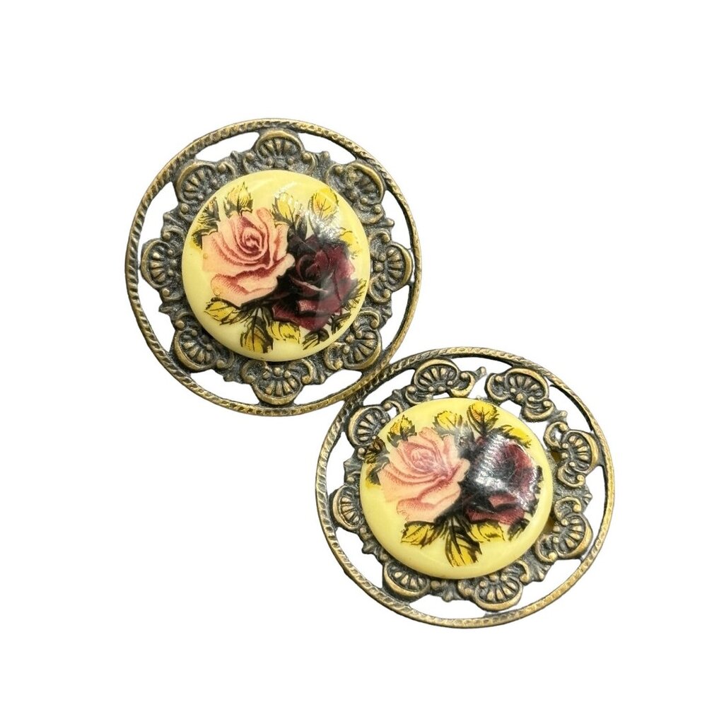Vintage Porcelain Filigree Post Pierced Earrings 1" Rose